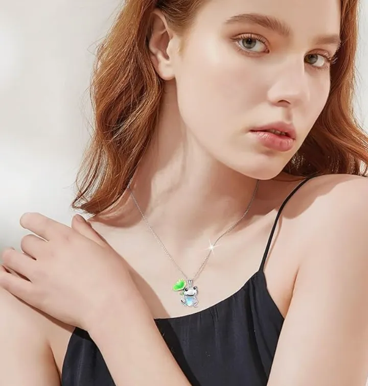 Cute Frog Blue Heart Necklace Pendant Love Toad Jewelry Chain Womens Girls Teen Birthday Gift Gold 925 Sterling Silver 20in.