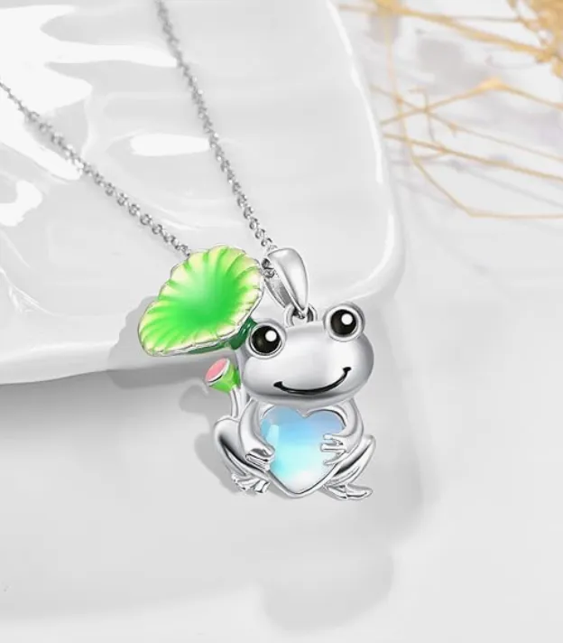Cute Frog Blue Heart Necklace Pendant Love Toad Jewelry Chain Womens Girls Teen Birthday Gift Gold 925 Sterling Silver 20in.