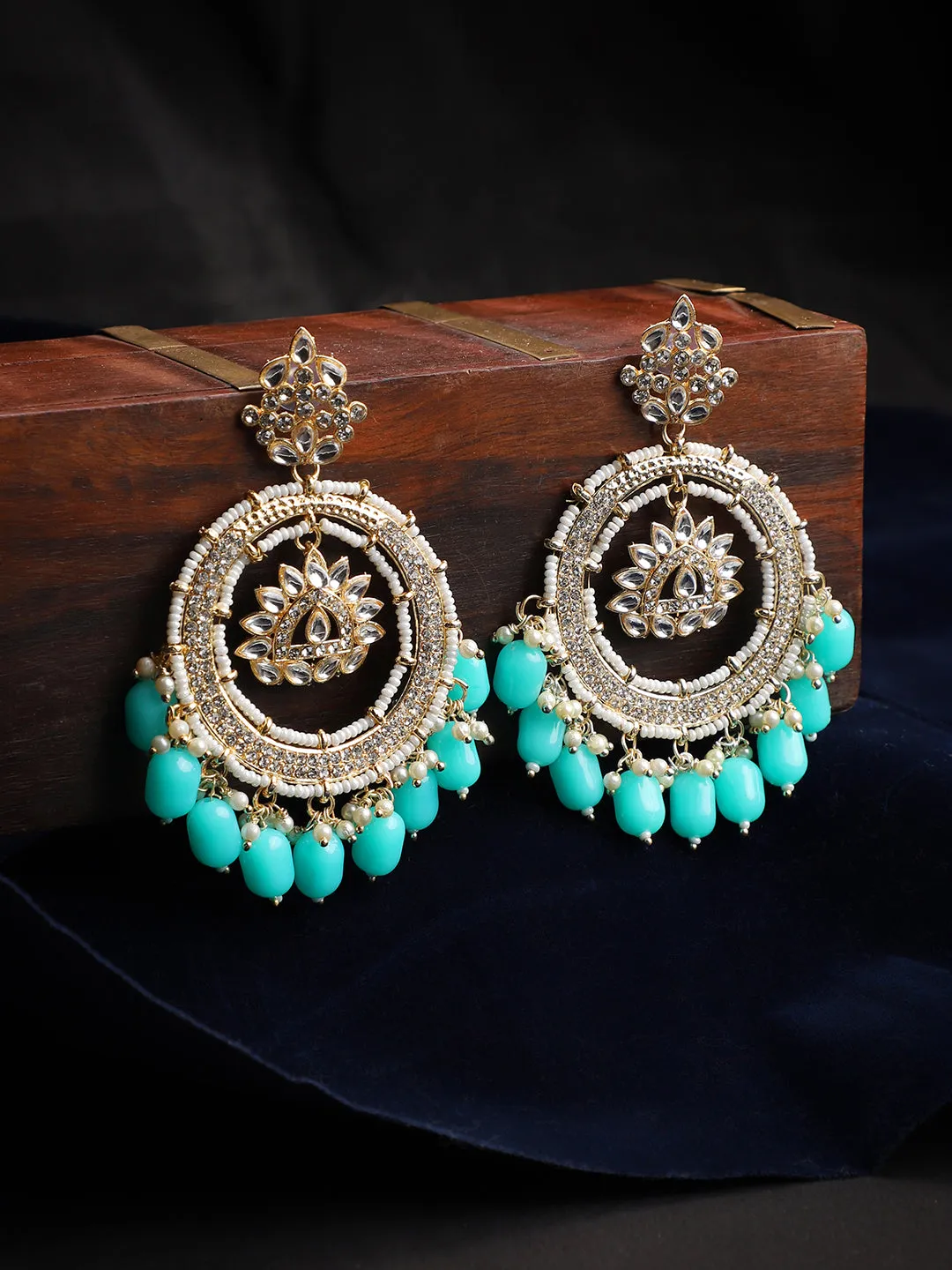 Designer Traditional Round Chandbali Aqua Blue Beaded Kundan Stone Earring - Anikas Creation