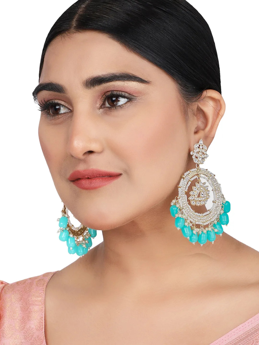 Designer Traditional Round Chandbali Aqua Blue Beaded Kundan Stone Earring - Anikas Creation