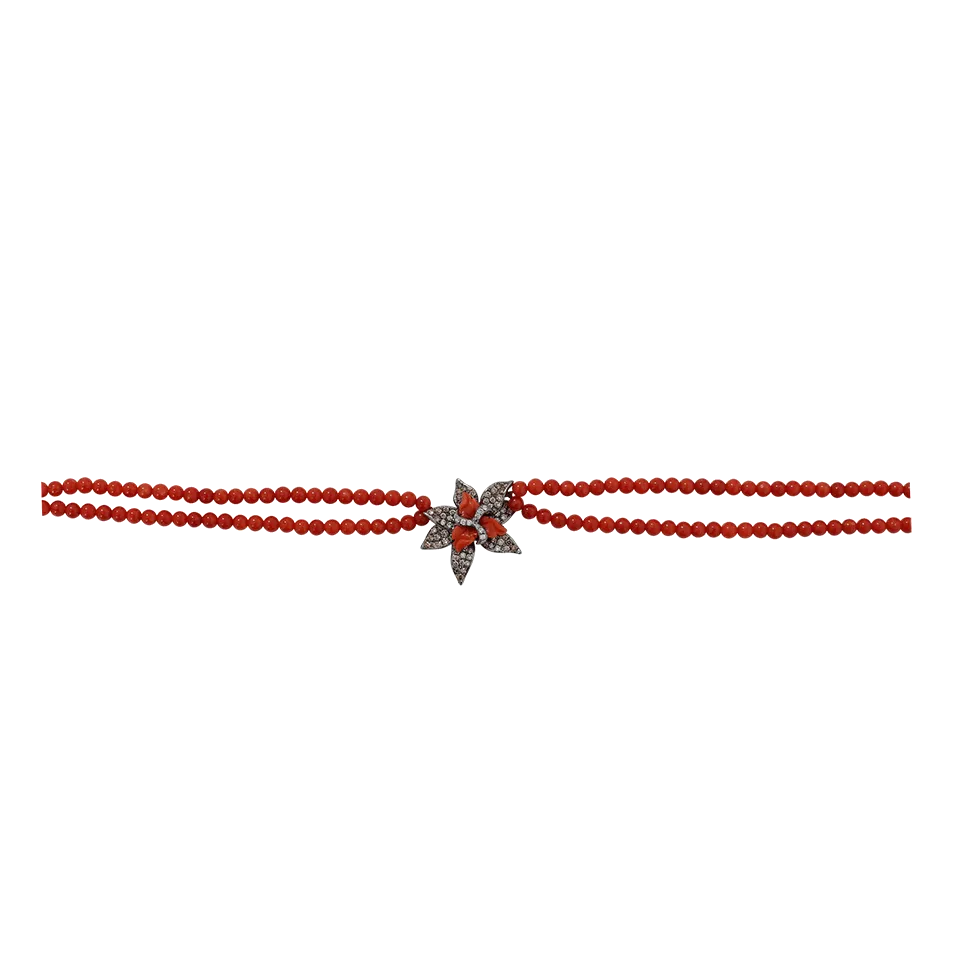 Diamond And Coral Bead Flower Choker