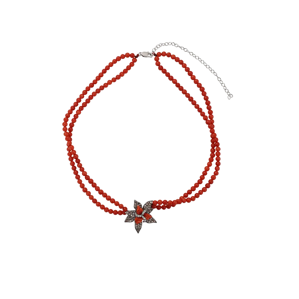 Diamond And Coral Bead Flower Choker