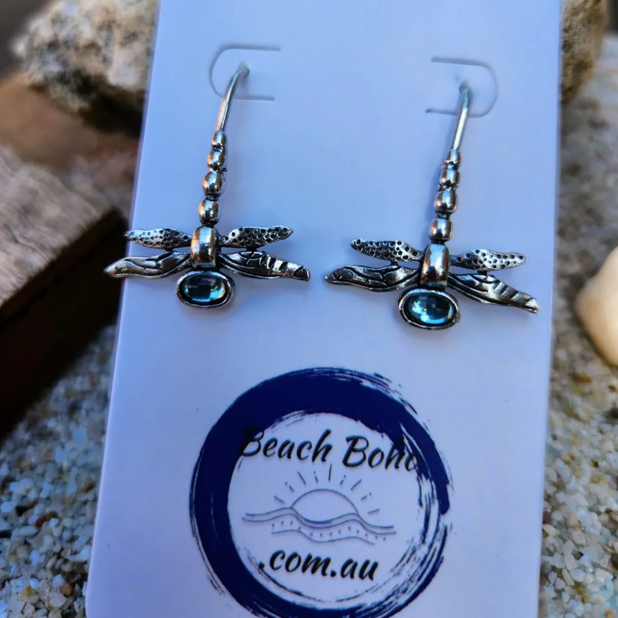 DRAGONFLY - BLUE TOPAZ CRYSTAL SILVER HOOK EARRINGS