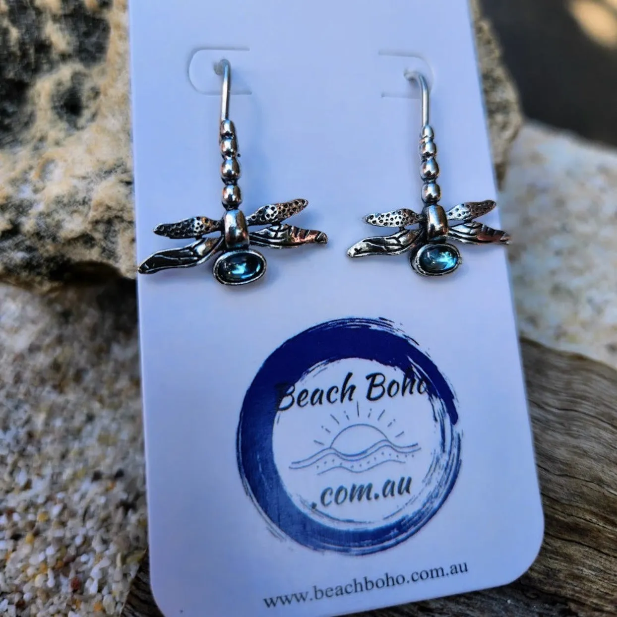 DRAGONFLY - BLUE TOPAZ CRYSTAL SILVER HOOK EARRINGS