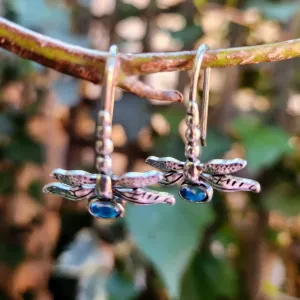 DRAGONFLY - BLUE TOPAZ CRYSTAL SILVER HOOK EARRINGS