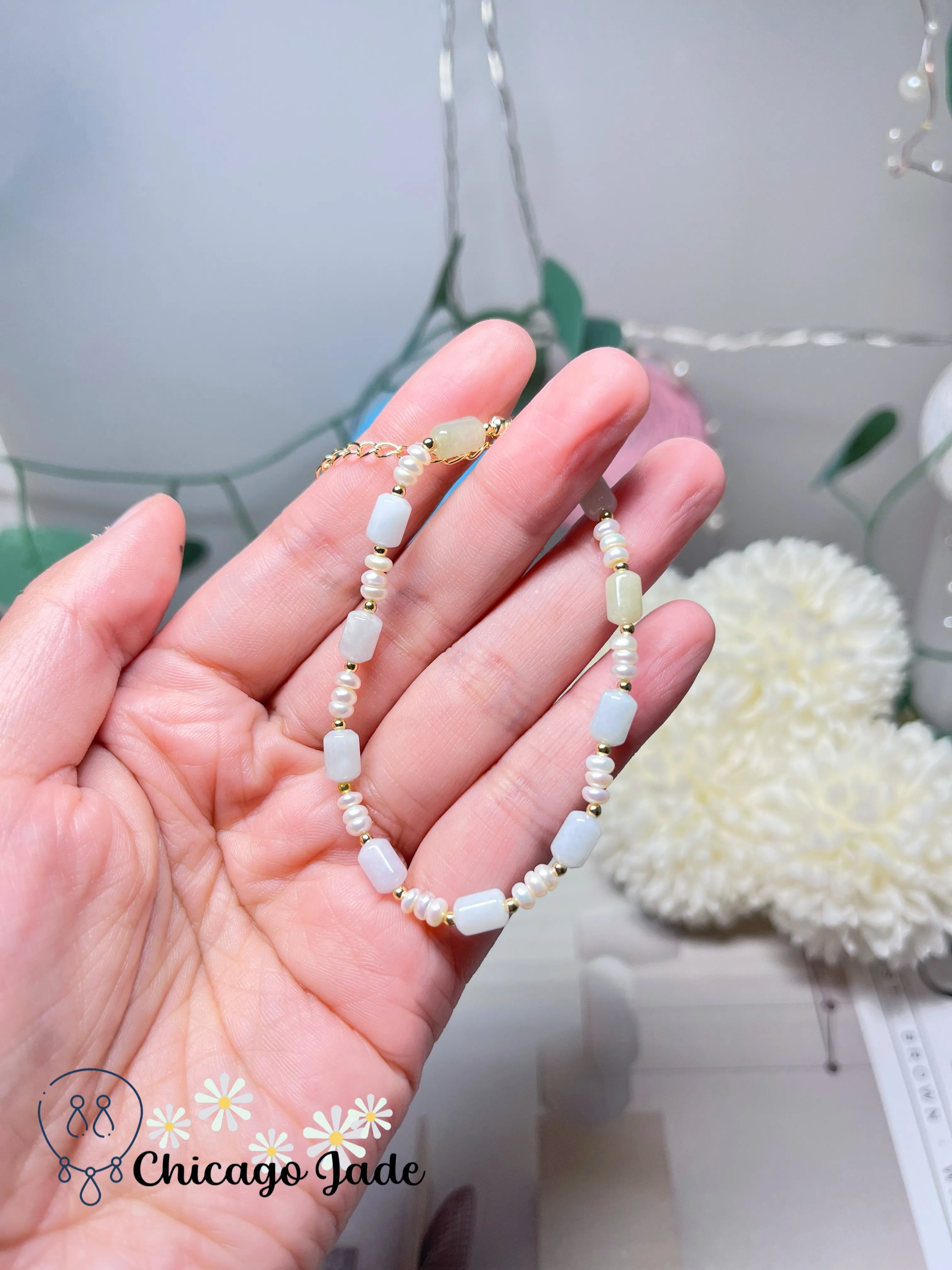 Elegant Multi-Color Natural Grade A Authentic Untreated Burma Jadeite Jade Feicui with Freshwater Pearls Handmade Bracelet