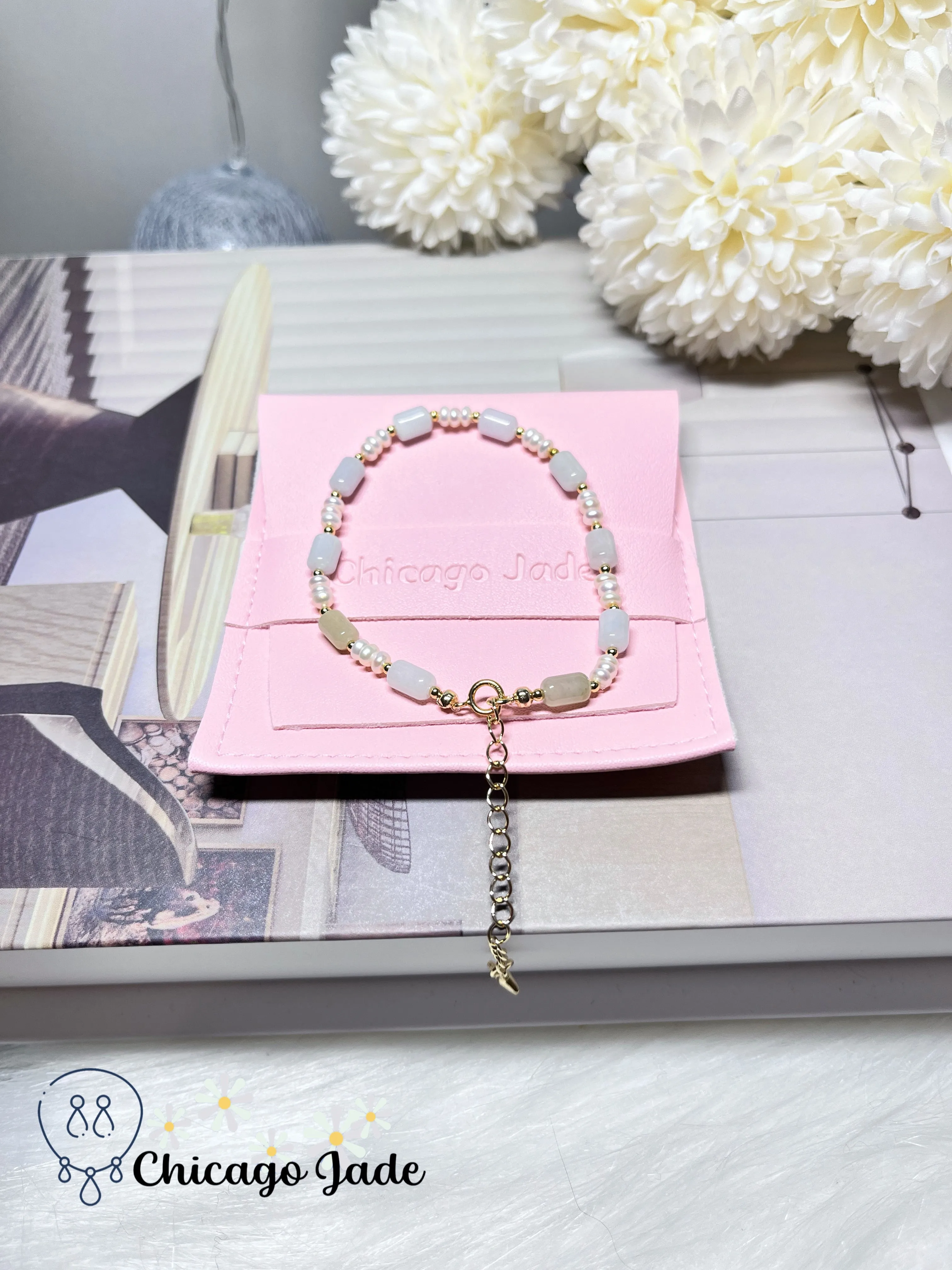 Elegant Multi-Color Natural Grade A Authentic Untreated Burma Jadeite Jade Feicui with Freshwater Pearls Handmade Bracelet