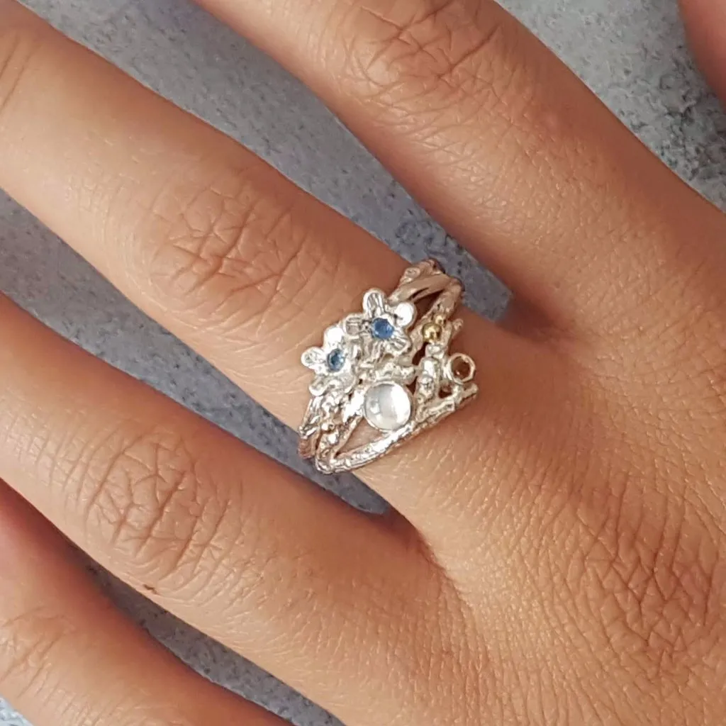 Enchanted Wood Forget Me Not Cluster Ring-Elvish Sapphire and Moonstone Ring