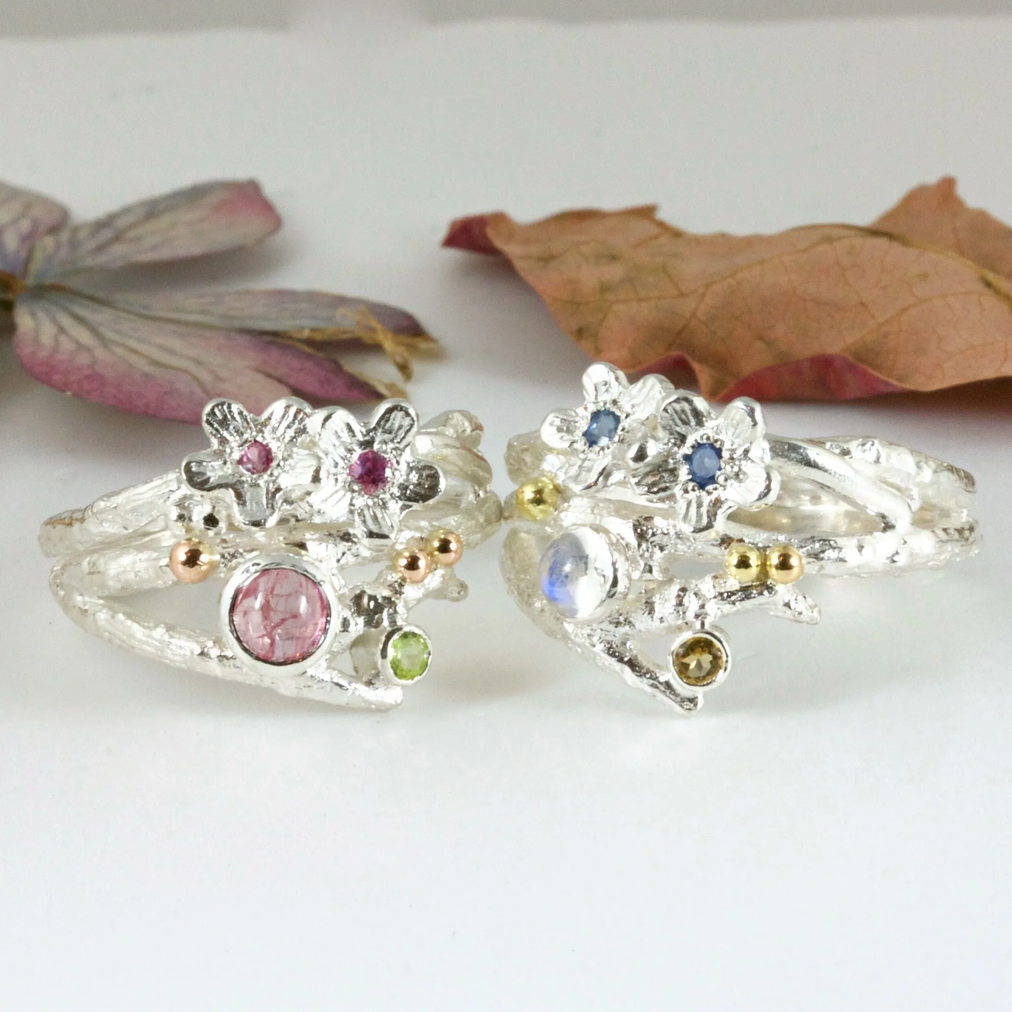 Enchanted Wood Forget Me Not Cluster Ring-Elvish Sapphire and Moonstone Ring
