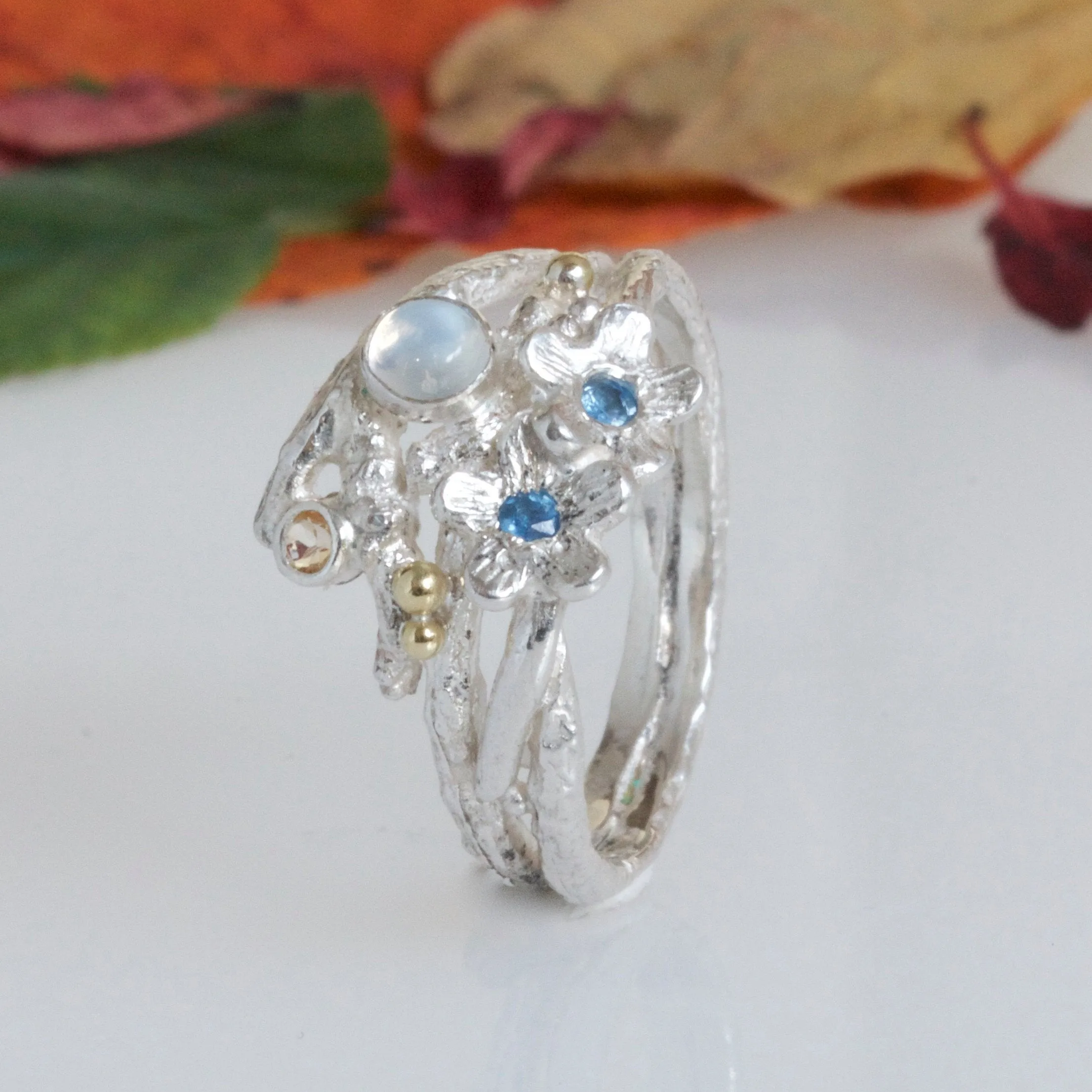 Enchanted Wood Forget Me Not Cluster Ring-Elvish Sapphire and Moonstone Ring