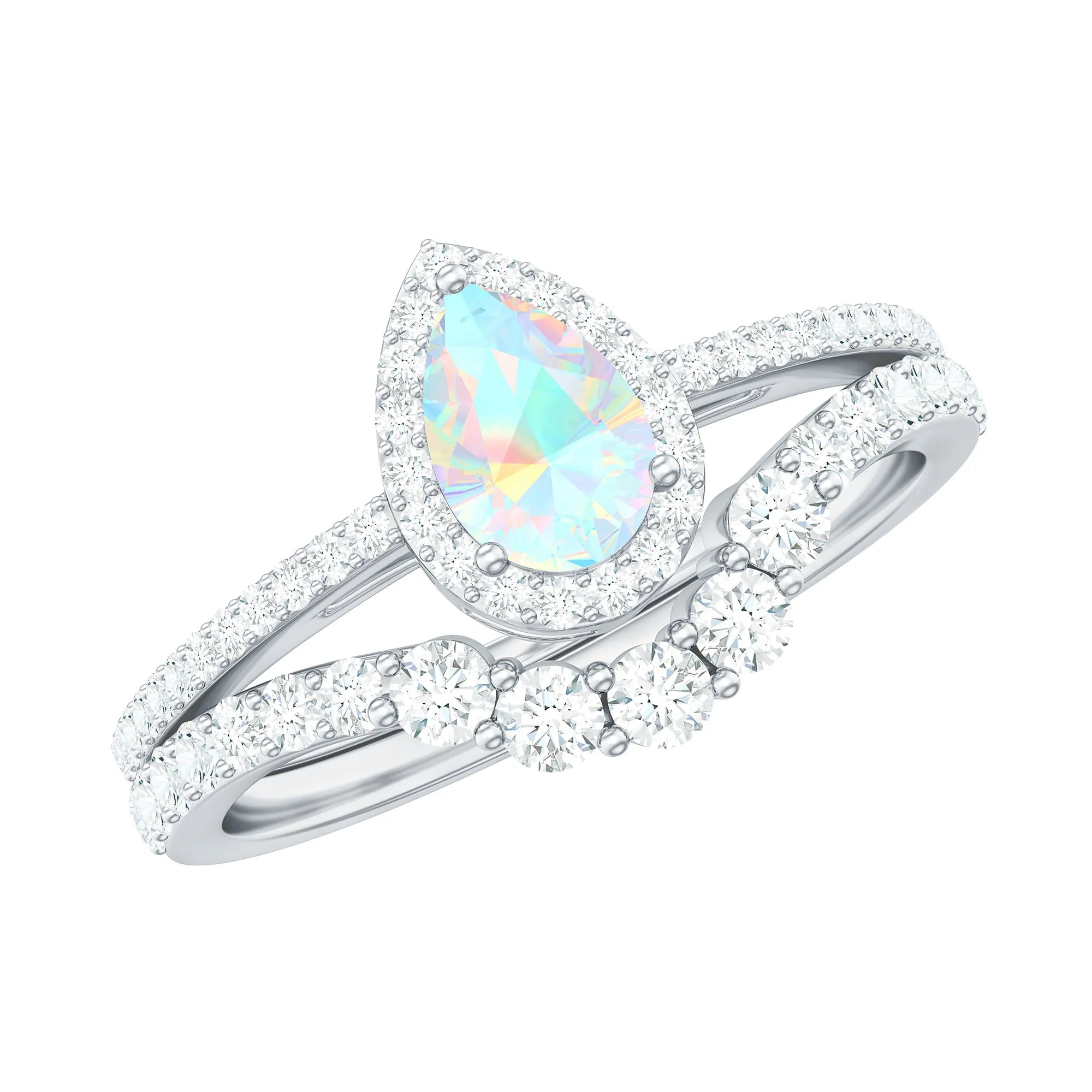 Ethiopian Opal Designer Teardrop Ring Set with Moissanite Halo