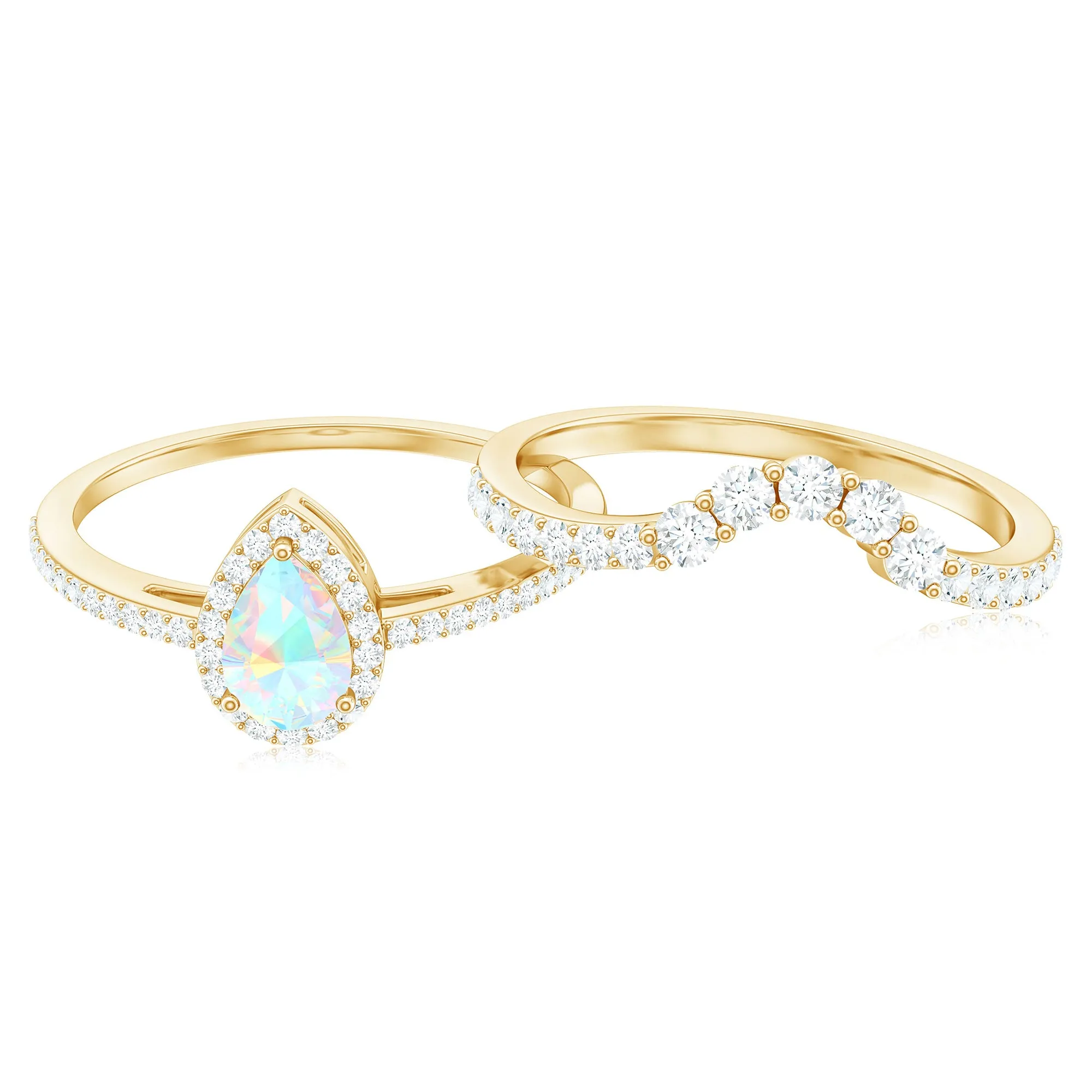 Ethiopian Opal Designer Teardrop Ring Set with Moissanite Halo
