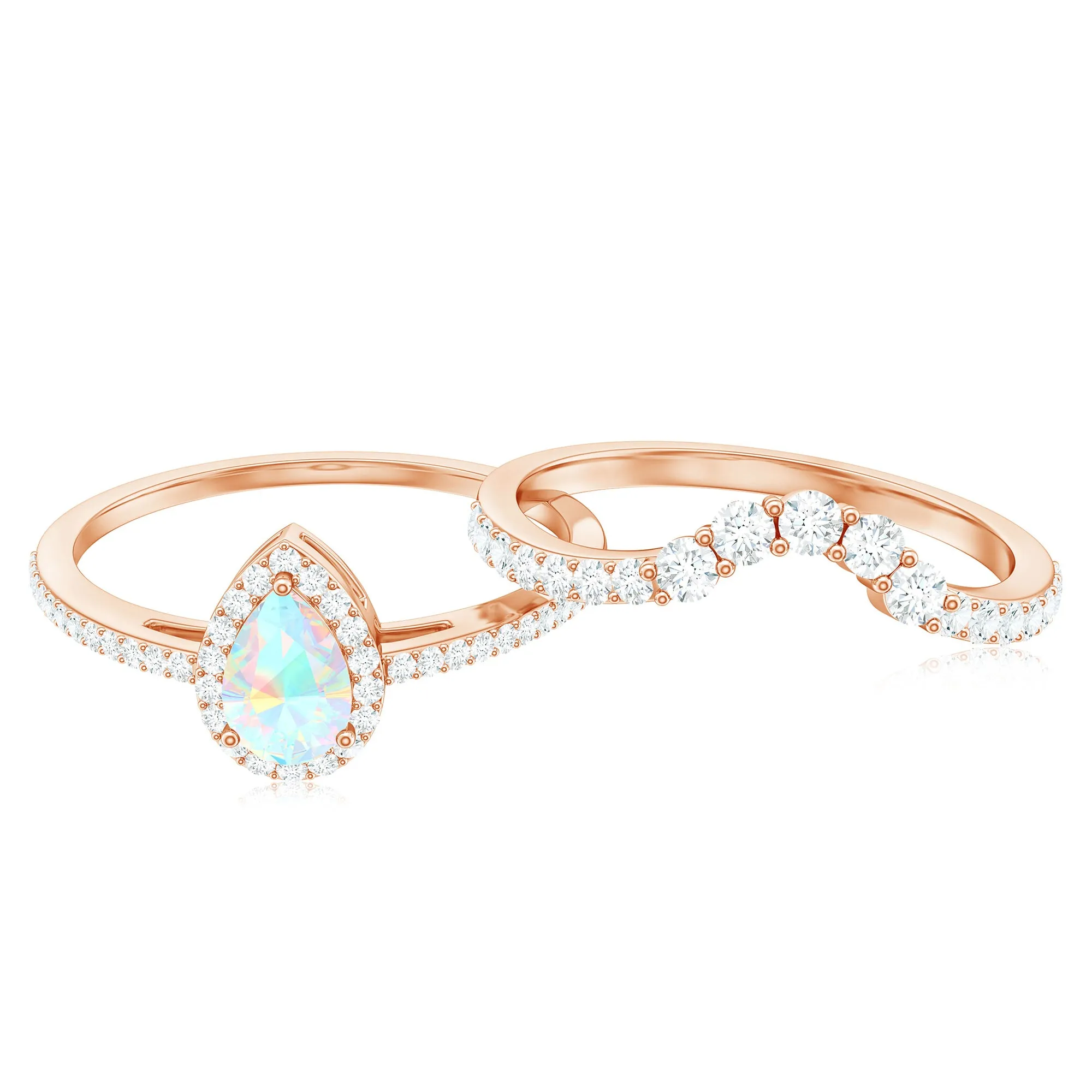 Ethiopian Opal Designer Teardrop Ring Set with Moissanite Halo