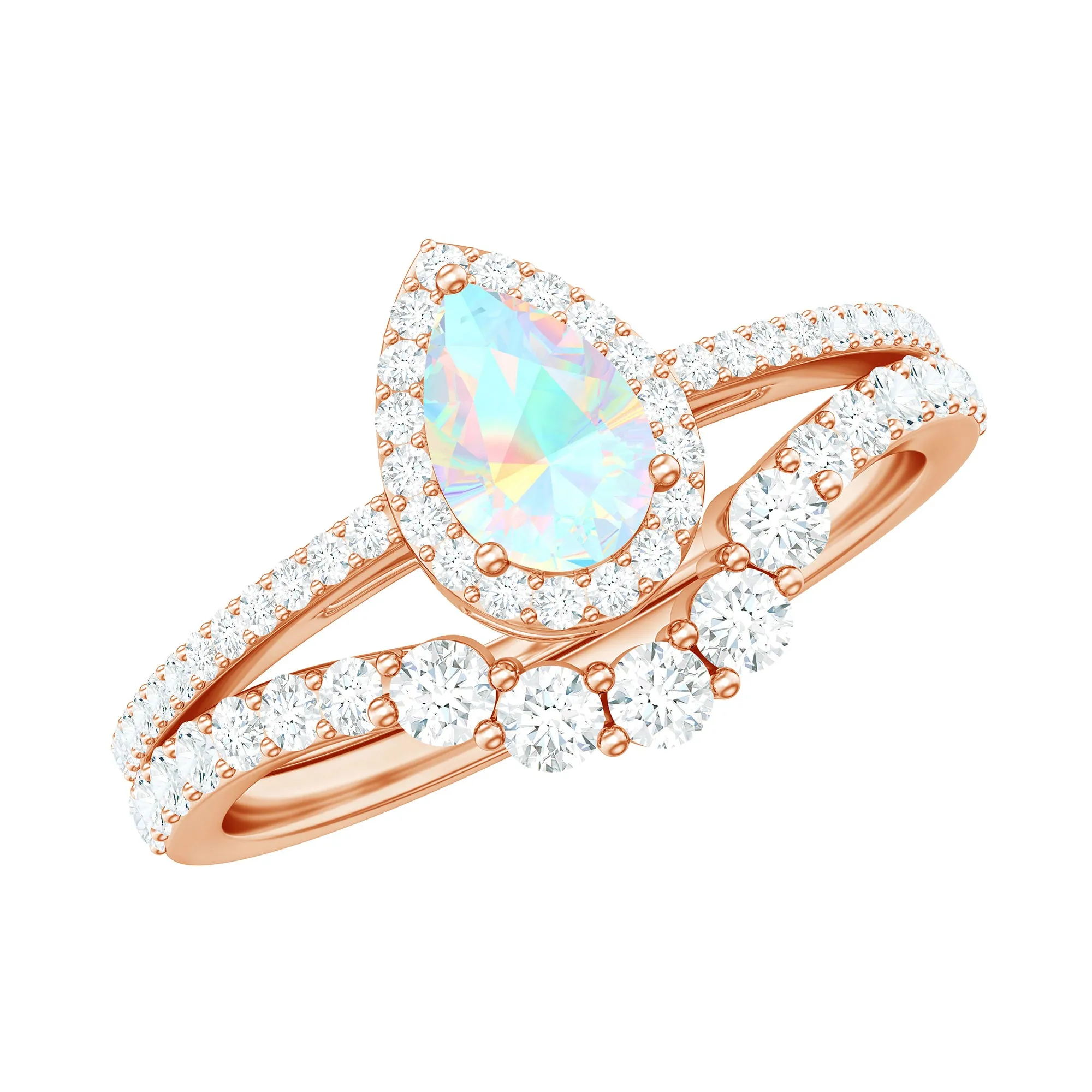Ethiopian Opal Designer Teardrop Ring Set with Moissanite Halo