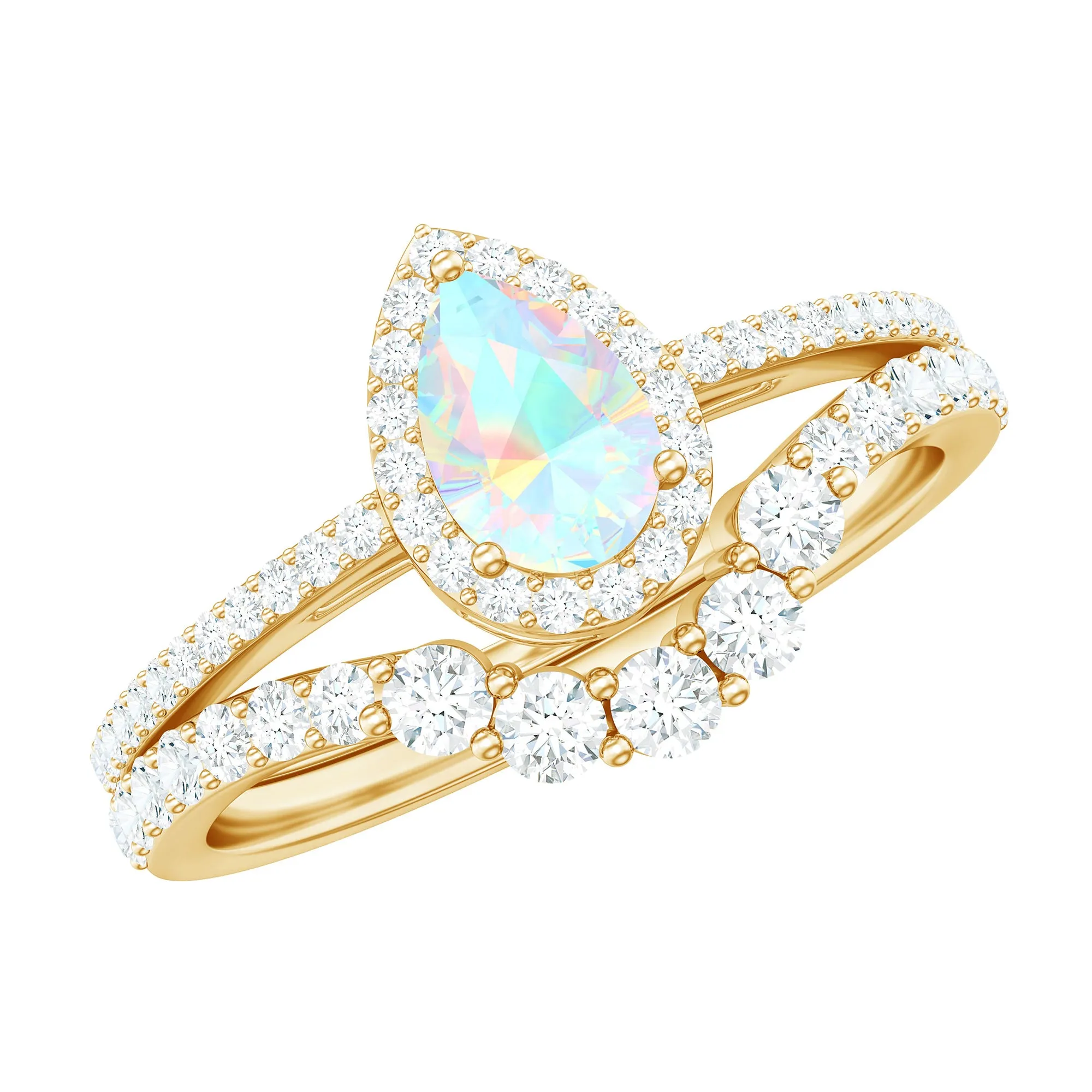 Ethiopian Opal Designer Teardrop Ring Set with Moissanite Halo