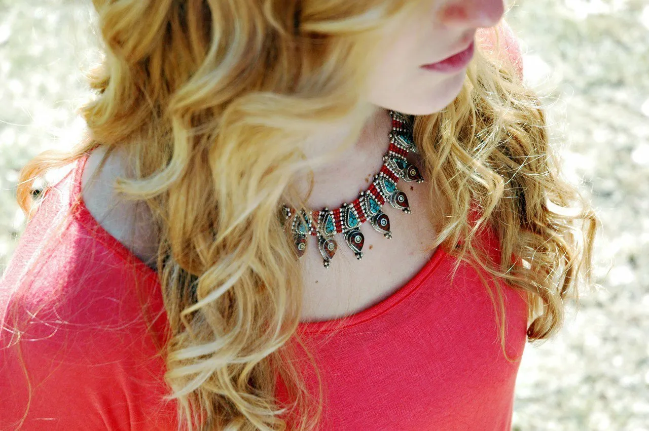 Exquisite Tibetan Turquoise and Coral Bead Necklace