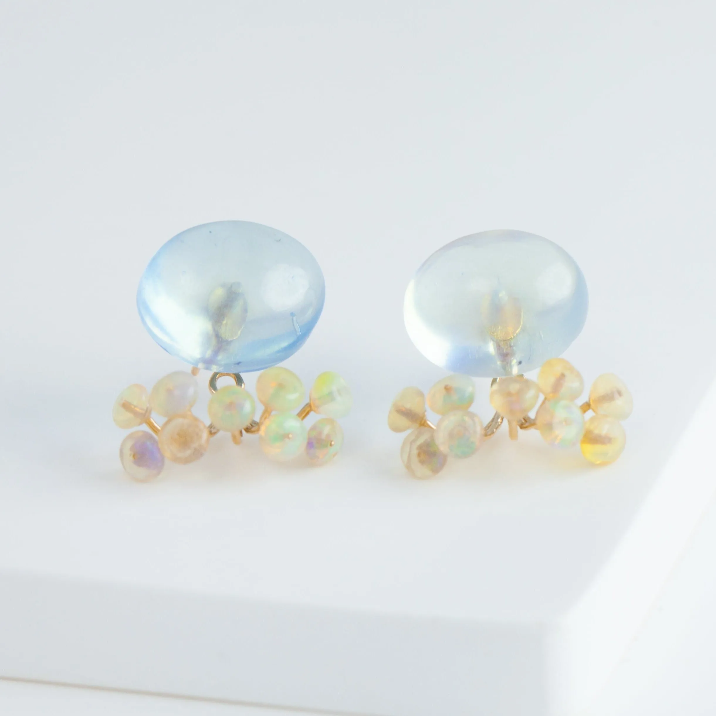 Fairy cabochon aquamarine and opal earrings