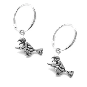 Flying Witch Hoop Earrings, 15mm Witch Charms, 16mm Hoops