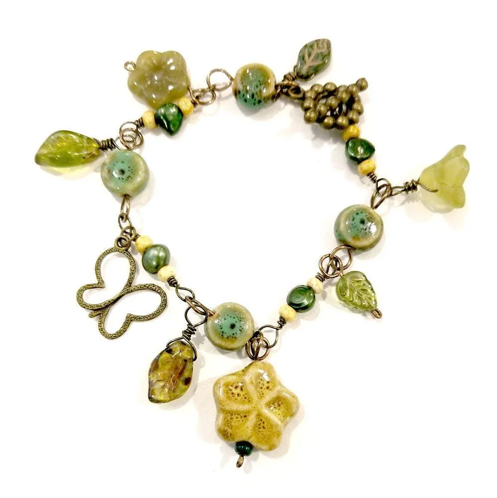 Forest Bracelet in Green and Amber with Ceramic and Glass Beads Adjustable Length