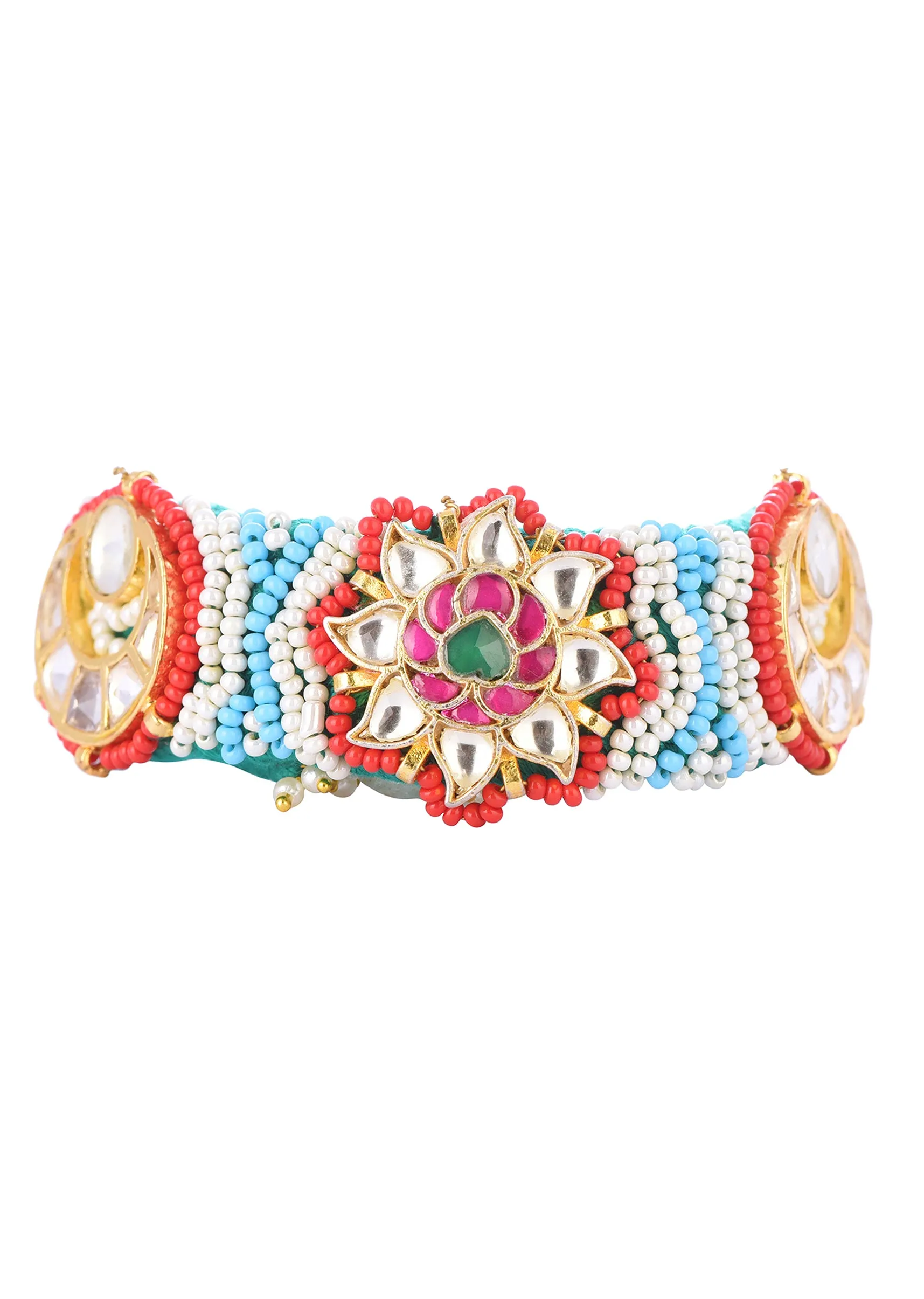 Gold Finish Pachi Kundan Bracelet With Blue Ruby In A Mix Metal