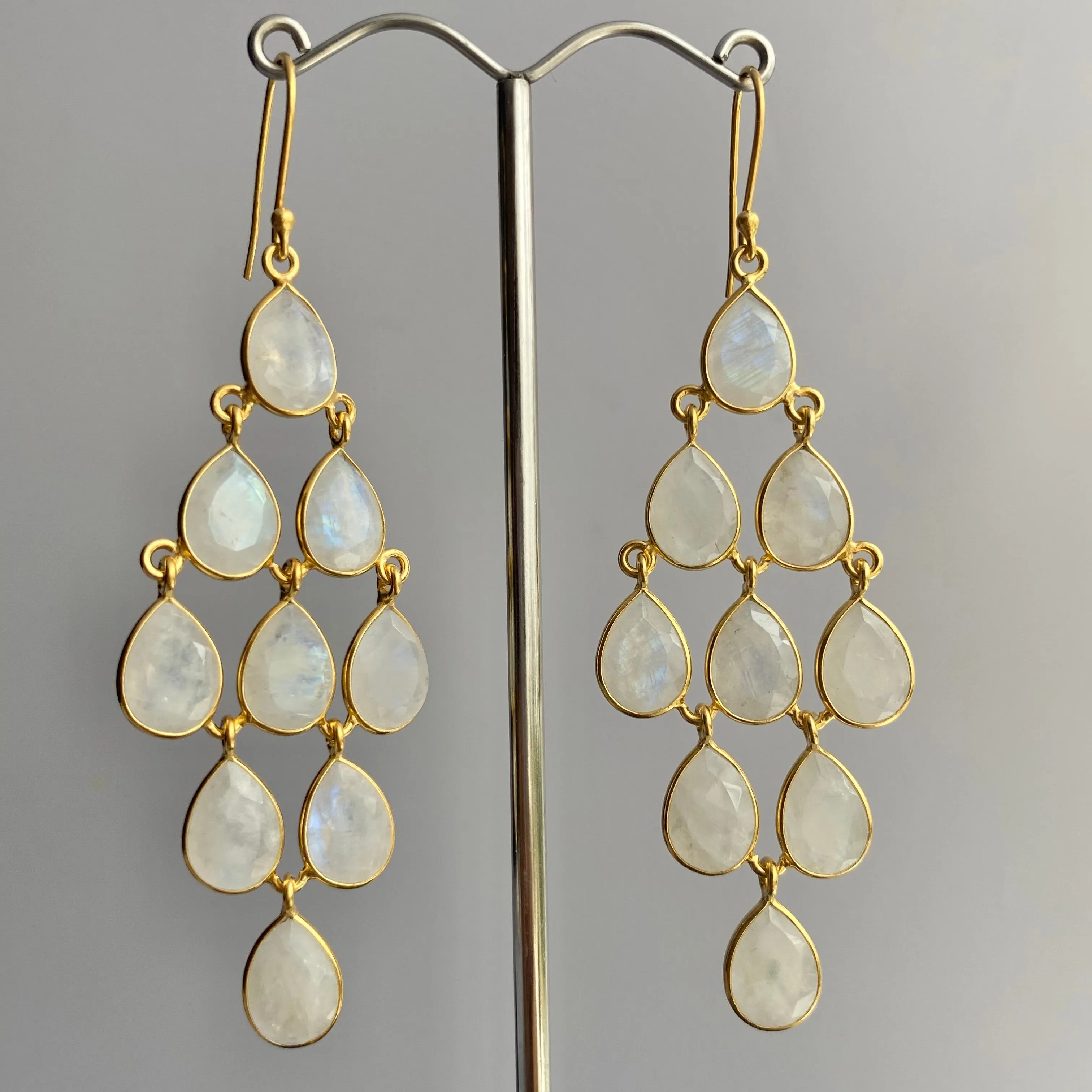 Gold Plated Sterling Silver Chandelier Earrings with Natural Gemstones  - Moonstone