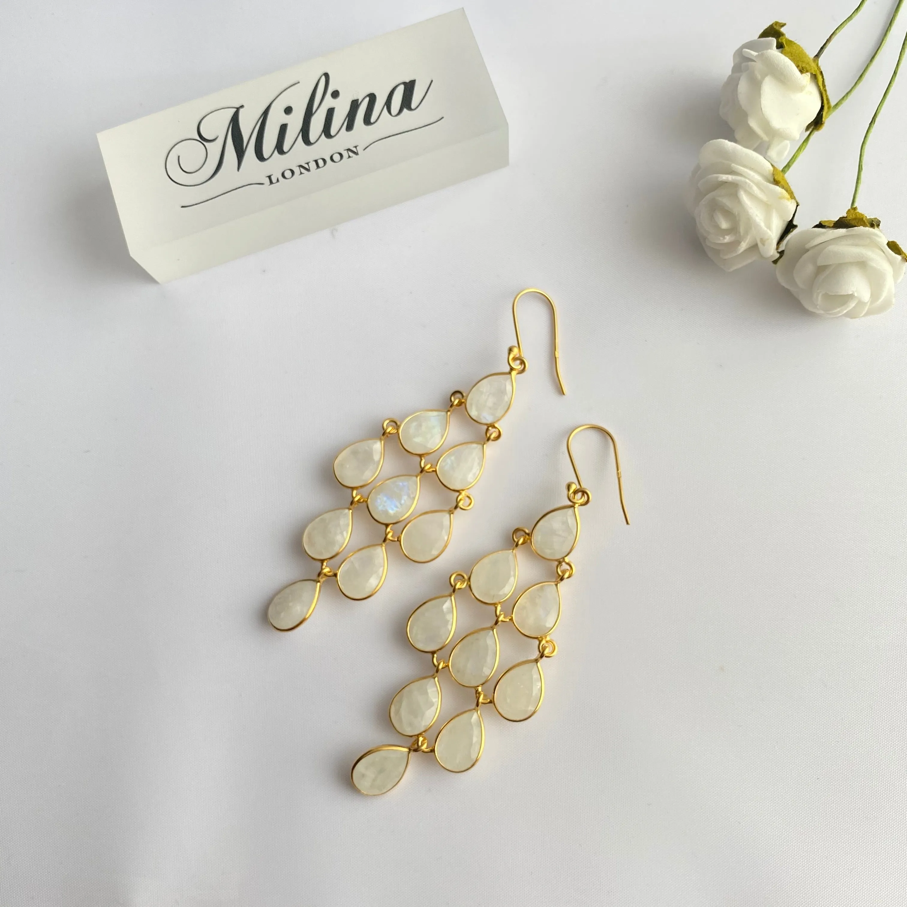 Gold Plated Sterling Silver Chandelier Earrings with Natural Gemstones  - Moonstone