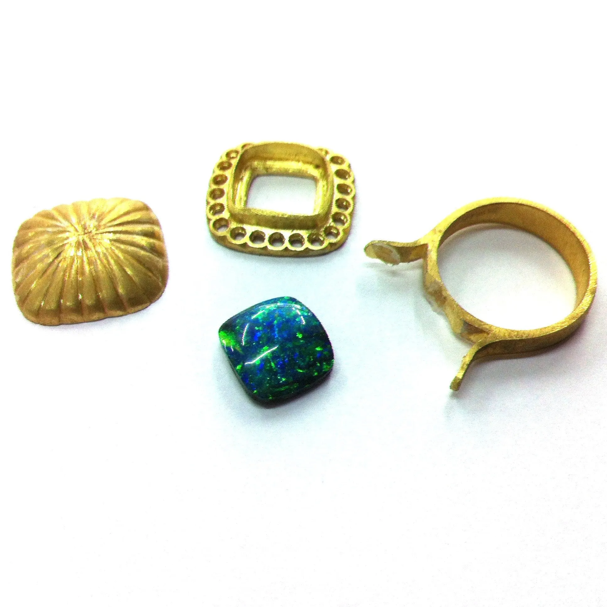 Green, gold, blue and orange solid black boulder opal from Quilpie , 18K Ring