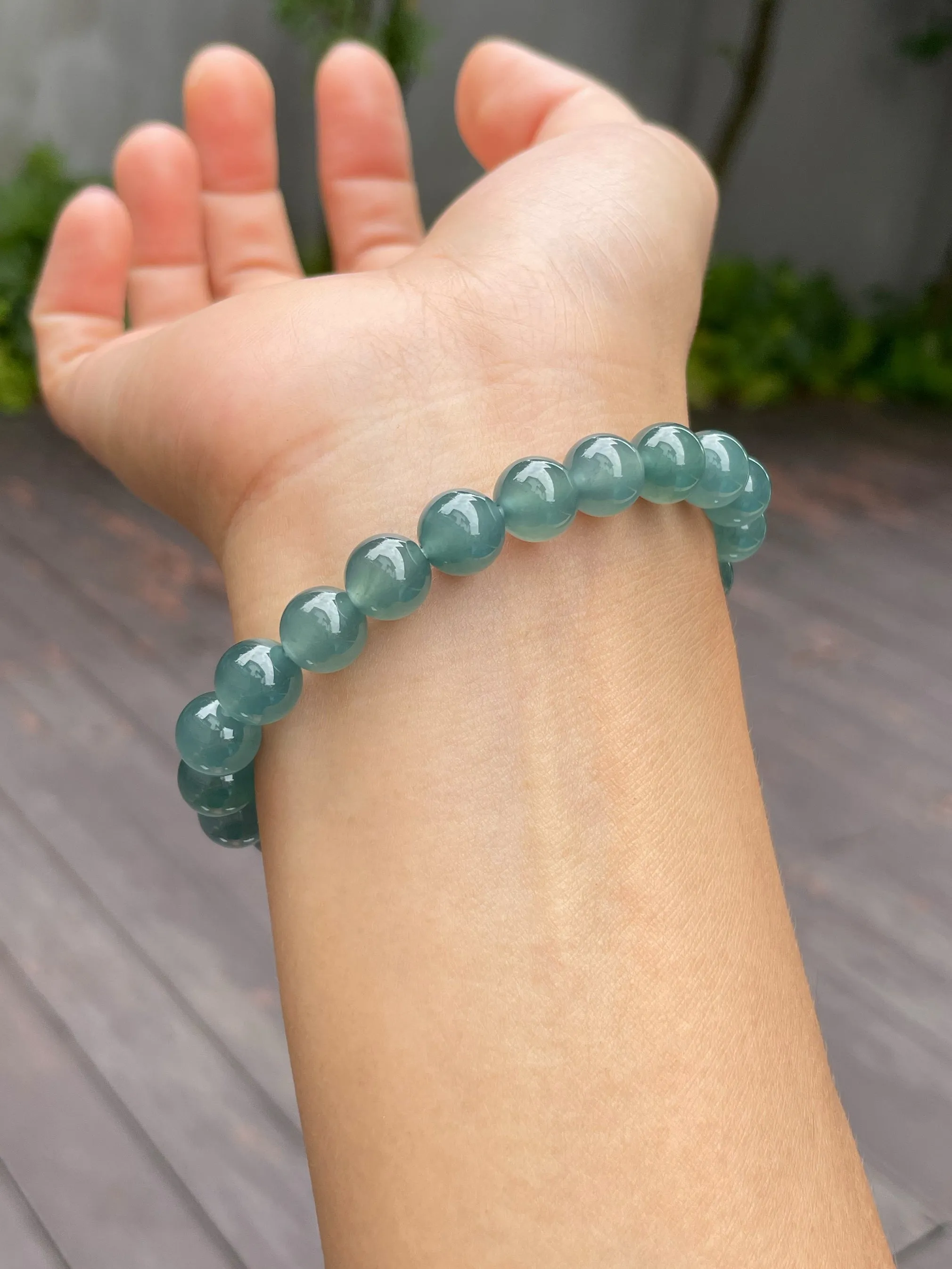 Greenish Blue Jade Bracelet - Round Beads (NJBA075)