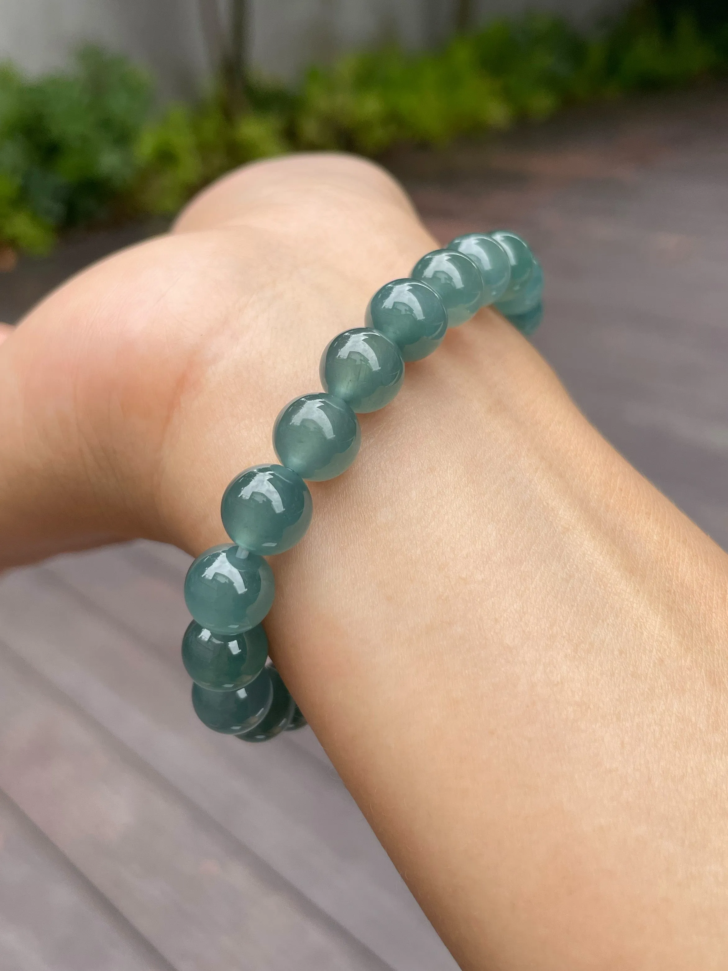 Greenish Blue Jade Bracelet - Round Beads (NJBA075)