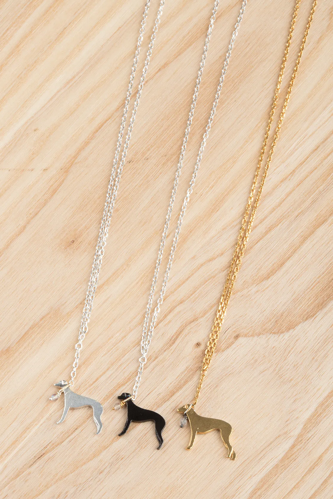 Greyhound Necklace in silver, gold plate or black