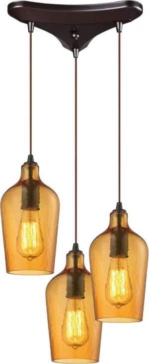 Hammered Glass 3 Light Pendant In Oil Rubbed Bronze and Amber Glass