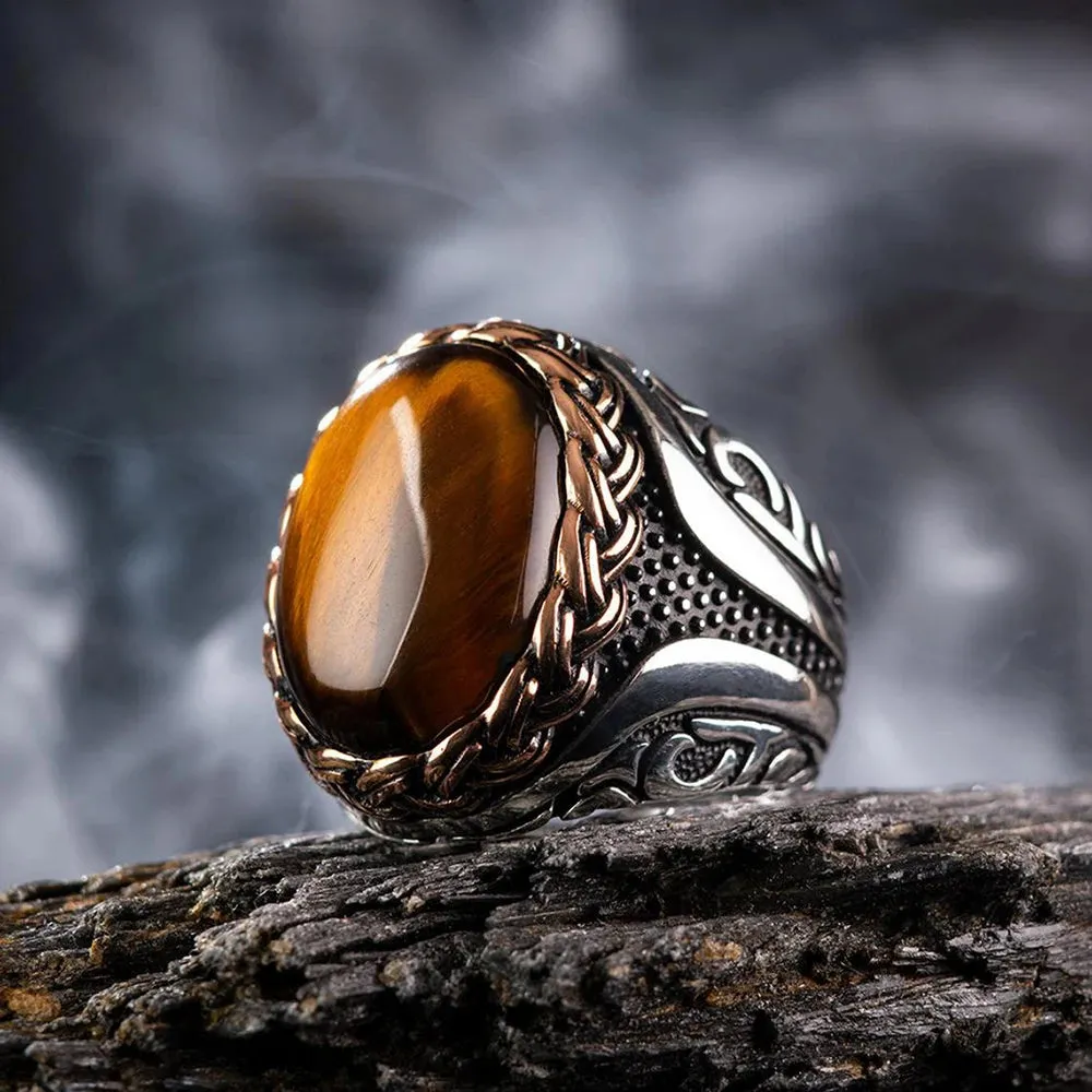 Handmade Signet Turkish Men Ring Vintage Trendy Two Tone Inlaid Black Zircon Metal Eagle Punk Rings Wedding Party Retro Jewelry