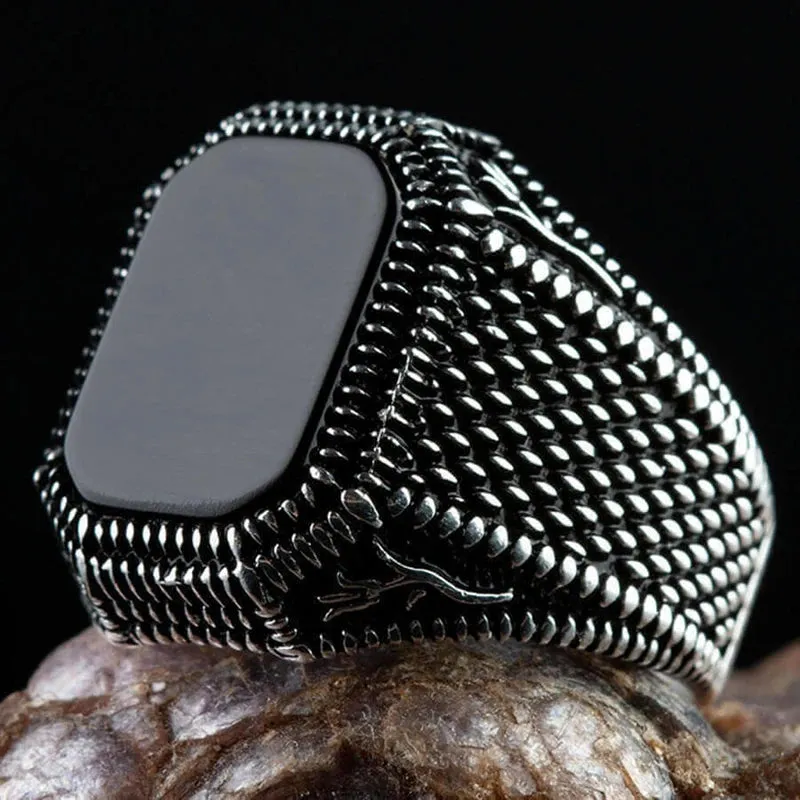 Handmade Signet Turkish Men Ring Vintage Trendy Two Tone Inlaid Black Zircon Metal Eagle Punk Rings Wedding Party Retro Jewelry