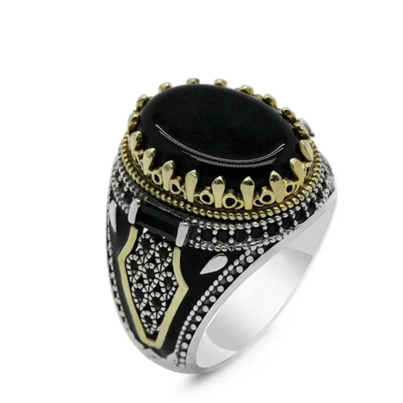 Handmade Signet Turkish Men Ring Vintage Trendy Two Tone Inlaid Black Zircon Metal Eagle Punk Rings Wedding Party Retro Jewelry