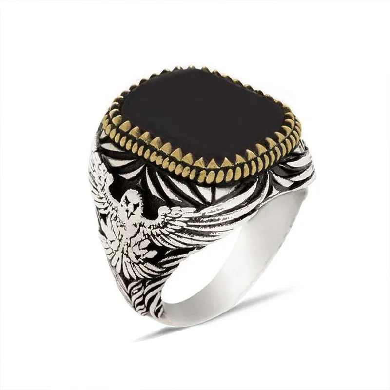 Handmade Signet Turkish Men Ring Vintage Trendy Two Tone Inlaid Black Zircon Metal Eagle Punk Rings Wedding Party Retro Jewelry