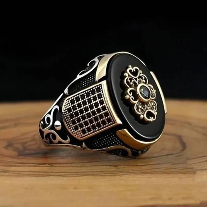 Handmade Signet Turkish Men Ring Vintage Trendy Two Tone Inlaid Black Zircon Metal Eagle Punk Rings Wedding Party Retro Jewelry