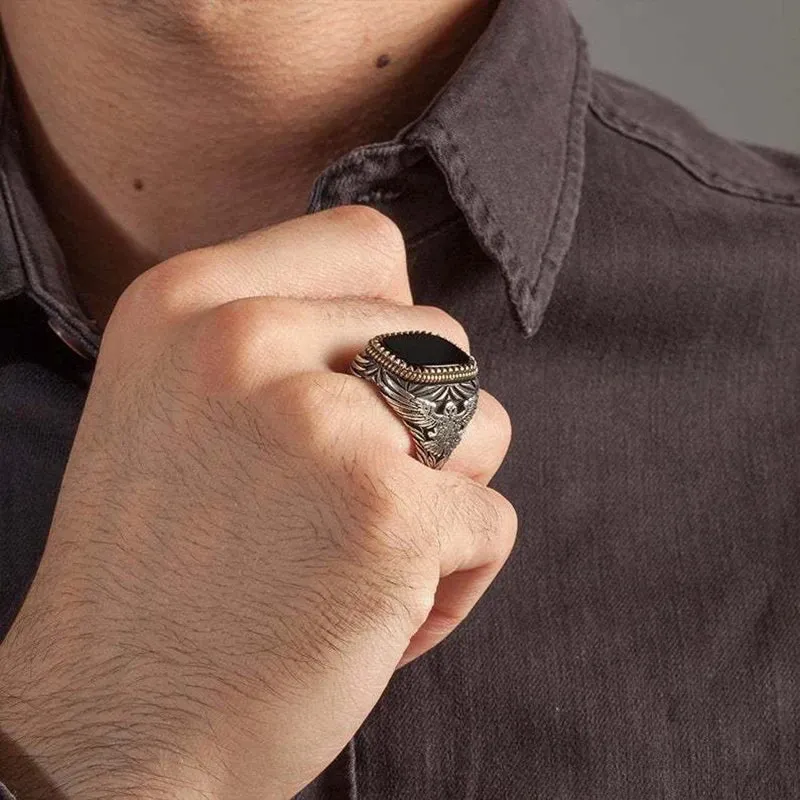 Handmade Signet Turkish Men Ring Vintage Trendy Two Tone Inlaid Black Zircon Metal Eagle Punk Rings Wedding Party Retro Jewelry