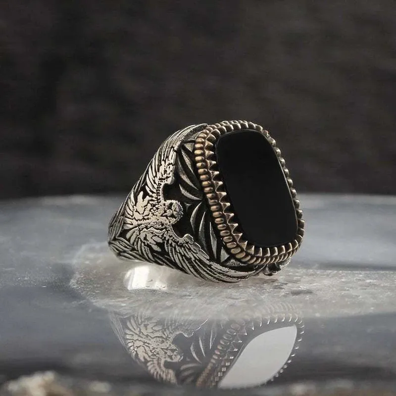 Handmade Signet Turkish Men Ring Vintage Trendy Two Tone Inlaid Black Zircon Metal Eagle Punk Rings Wedding Party Retro Jewelry