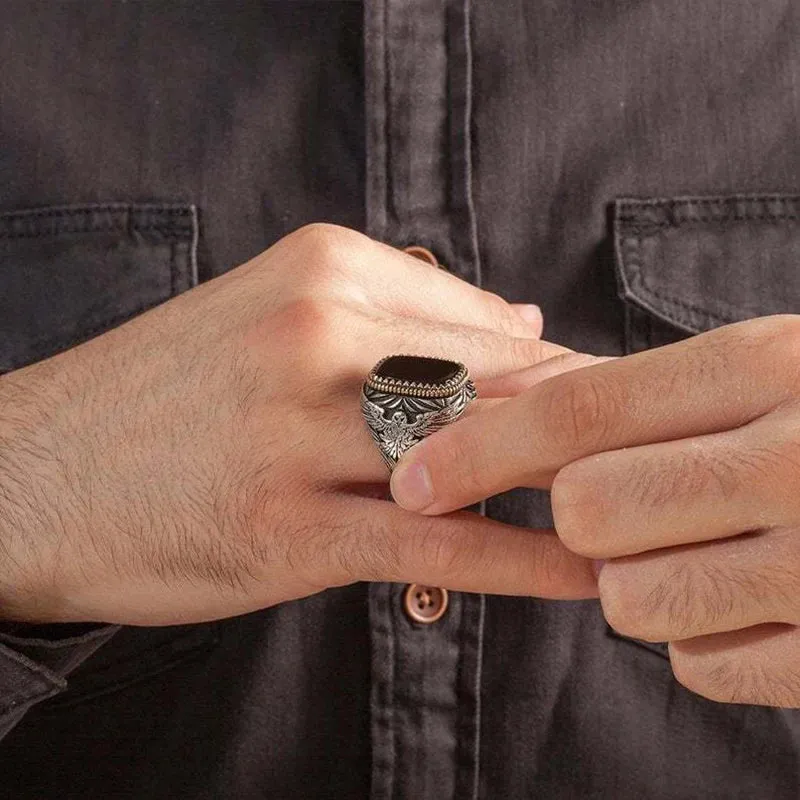 Handmade Signet Turkish Men Ring Vintage Trendy Two Tone Inlaid Black Zircon Metal Eagle Punk Rings Wedding Party Retro Jewelry