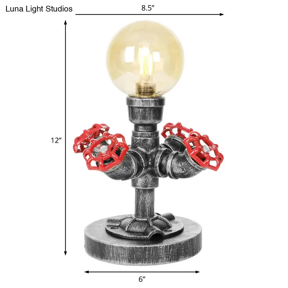 Industrial Antique Silver Bedroom Reading Lamp with Single Light Globe Shade and Clear/Amber Glass - Task Lighting