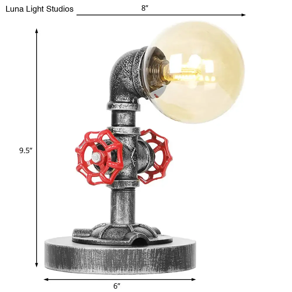 Industrial Antique Silver Bedroom Reading Lamp with Single Light Globe Shade and Clear/Amber Glass - Task Lighting