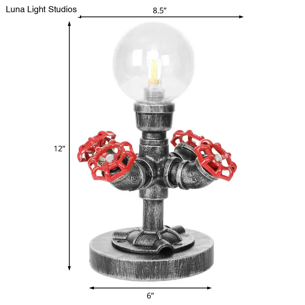 Industrial Antique Silver Bedroom Reading Lamp with Single Light Globe Shade and Clear/Amber Glass - Task Lighting