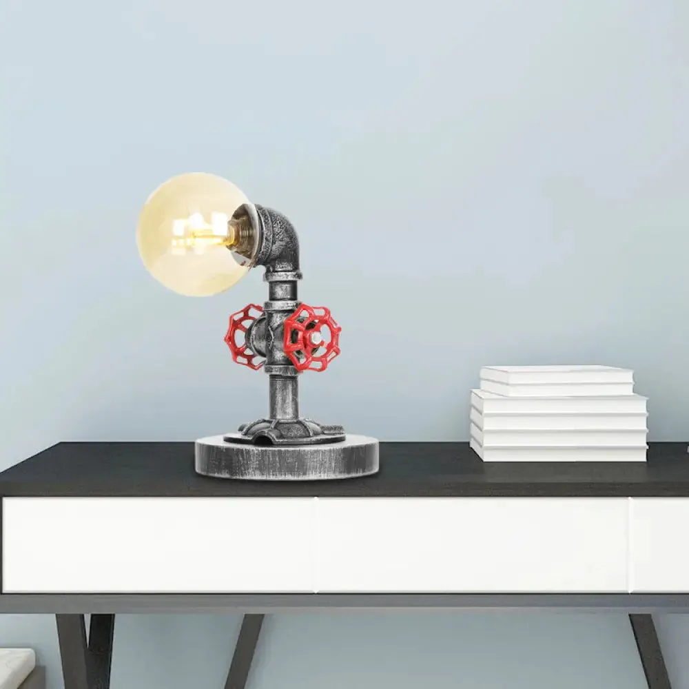 Industrial Antique Silver Bedroom Reading Lamp with Single Light Globe Shade and Clear/Amber Glass - Task Lighting