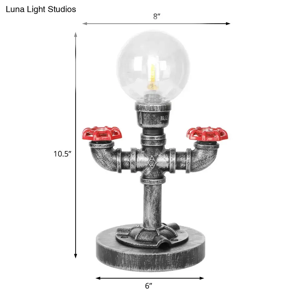 Industrial Antique Silver Bedroom Reading Lamp with Single Light Globe Shade and Clear/Amber Glass - Task Lighting