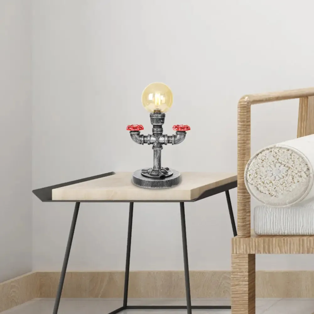 Industrial Antique Silver Bedroom Reading Lamp with Single Light Globe Shade and Clear/Amber Glass - Task Lighting