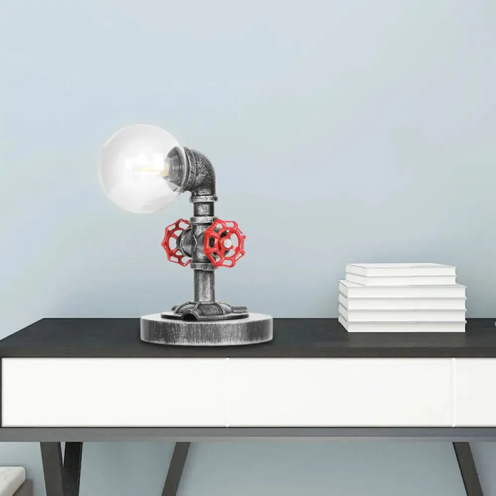 Industrial Antique Silver Bedroom Reading Lamp with Single Light Globe Shade and Clear/Amber Glass - Task Lighting