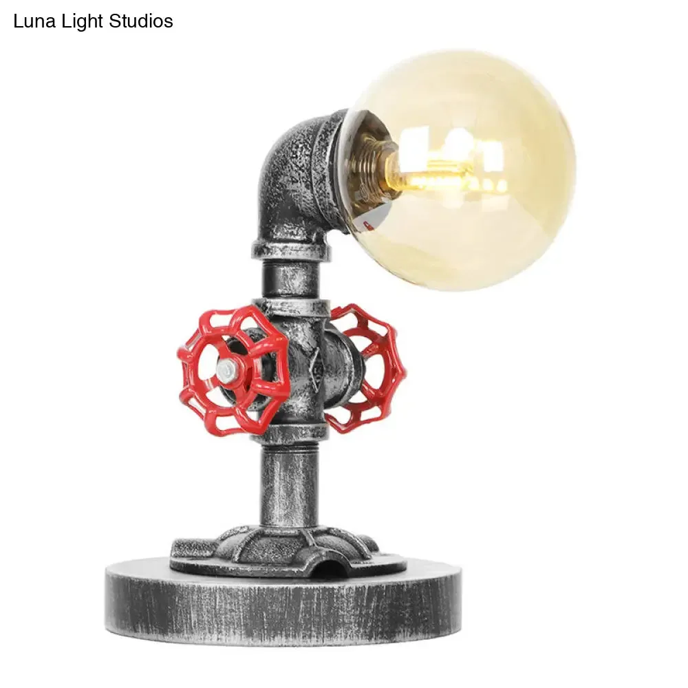 Industrial Antique Silver Bedroom Reading Lamp with Single Light Globe Shade and Clear/Amber Glass - Task Lighting