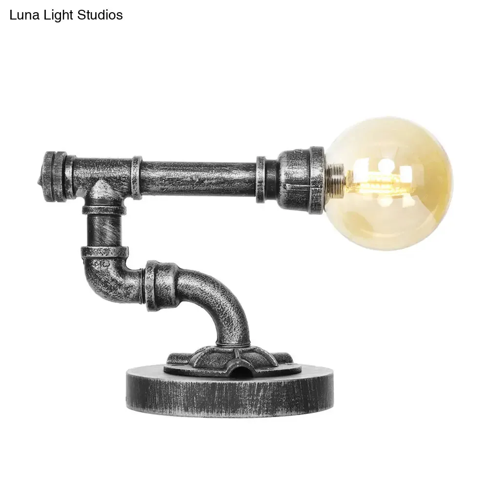 Industrial Antique Silver Bedroom Reading Lamp with Single Light Globe Shade and Clear/Amber Glass - Task Lighting