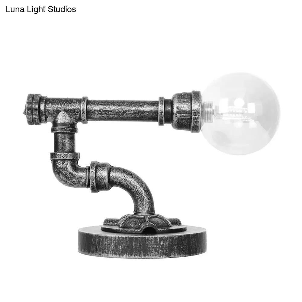 Industrial Antique Silver Bedroom Reading Lamp with Single Light Globe Shade and Clear/Amber Glass - Task Lighting