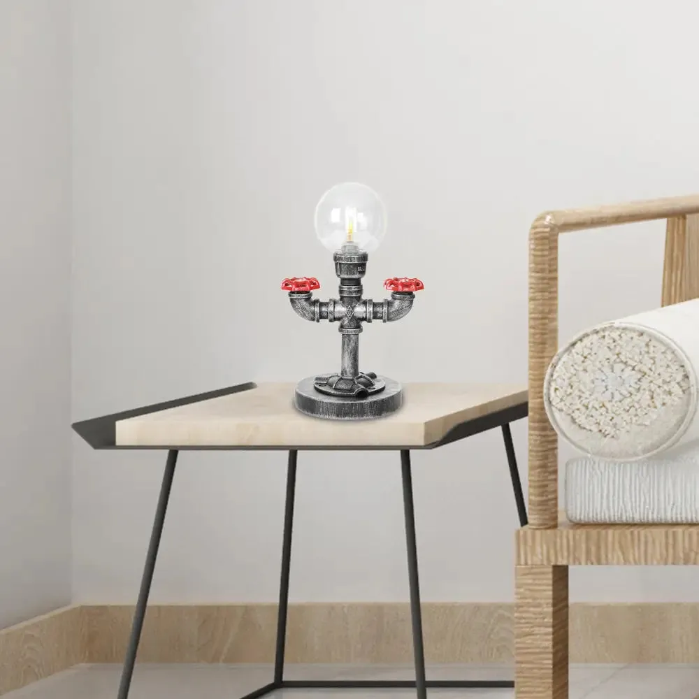 Industrial Antique Silver Bedroom Reading Lamp with Single Light Globe Shade and Clear/Amber Glass - Task Lighting
